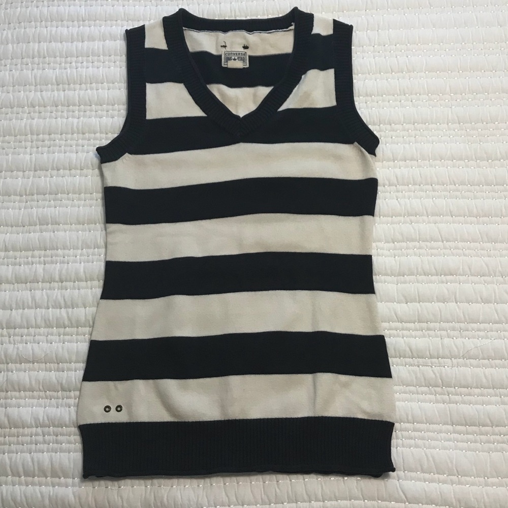 Navy and off white striped sweater vest